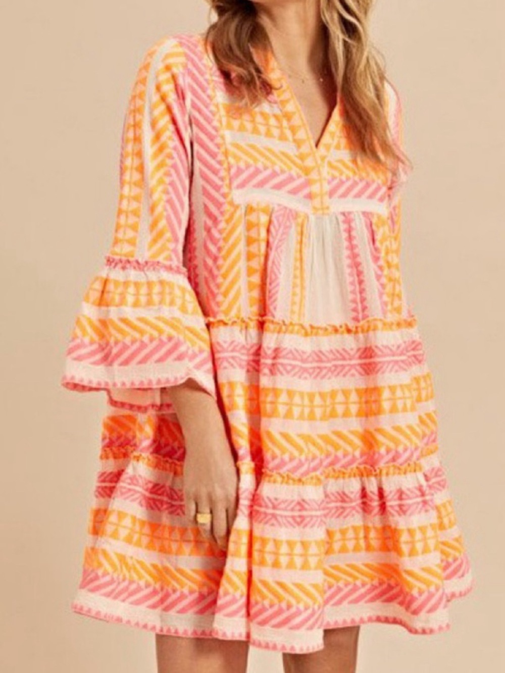 DEVOTION Twins Anthropologie Ella Short Dress Geometric Tiered Orange Neon Pink